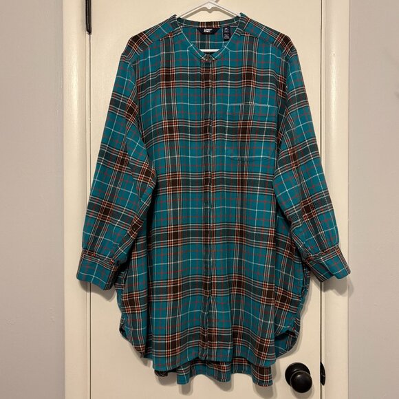 Lands' End Women's Plus L/S Teal Plaid Flannel A-Line Tunic Shirt Top 3X Pockets - Picture 1 of 10
